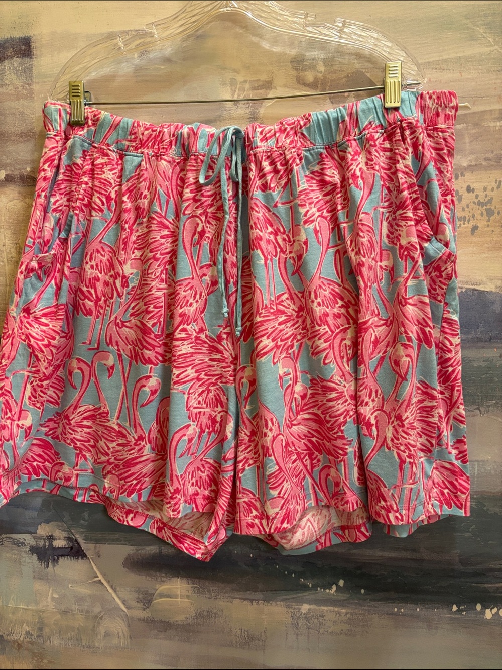 Coral Bay Pink Flamingo Print Aqua Drawstring Athletic Shorts